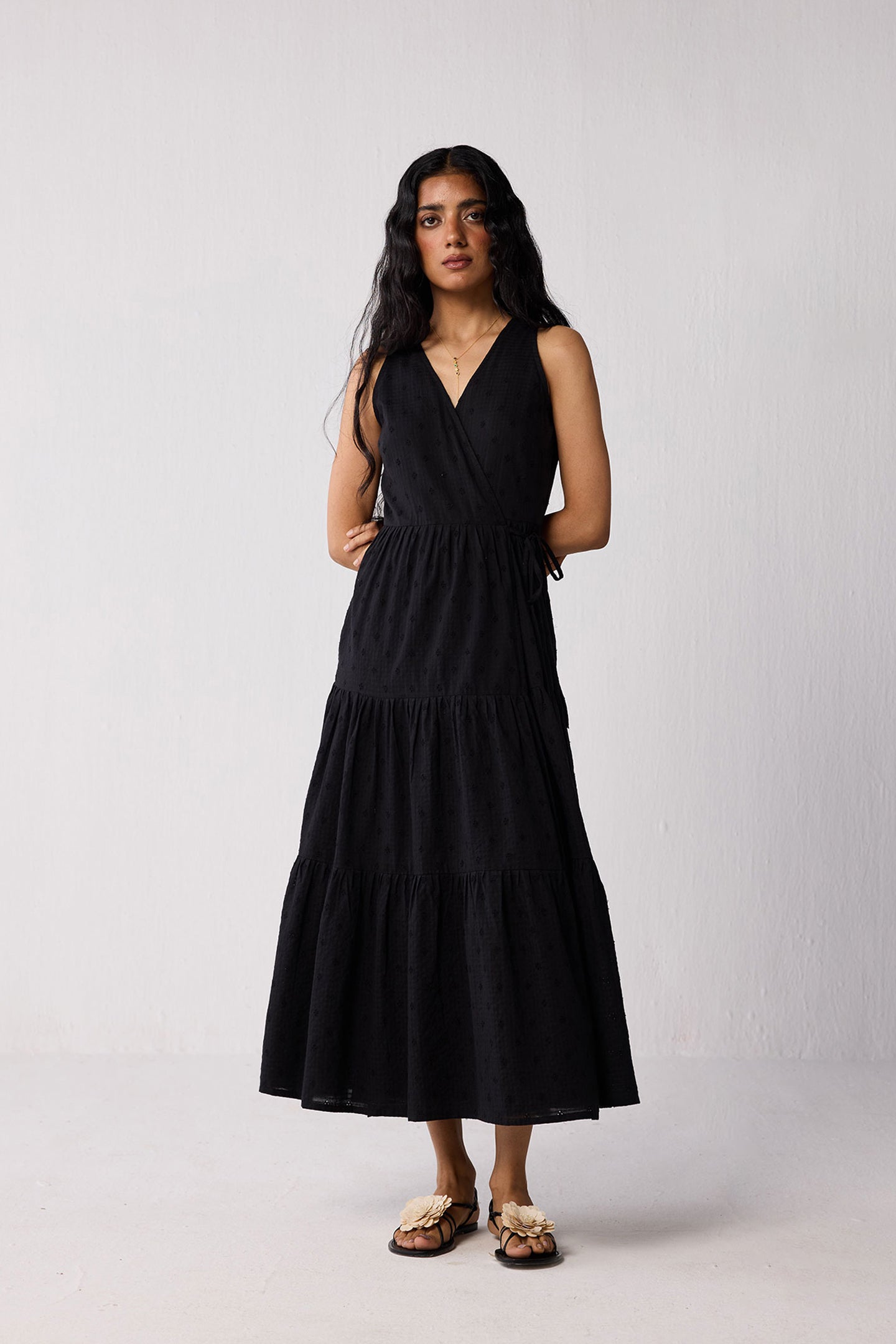 Sleeveless Organic Cotton Embroidered Wrap Dress with Tiers in Black