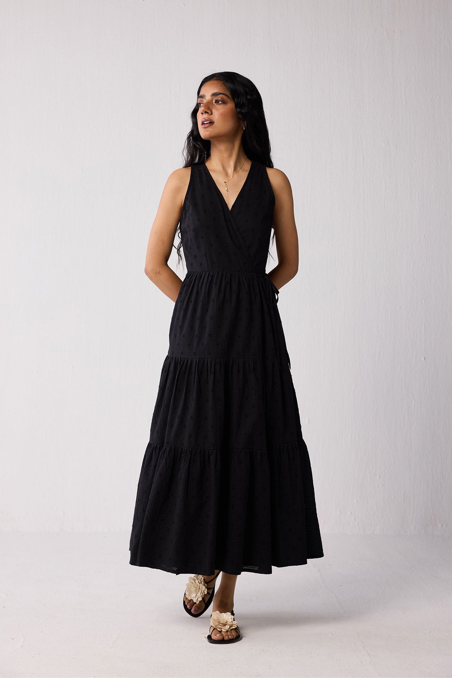 Sleeveless Organic Cotton Embroidered Wrap Dress with Tiers in Black