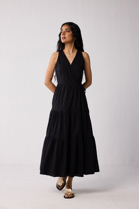 Sleeveless Organic Cotton Embroidered Wrap Dress with Tiers in Black