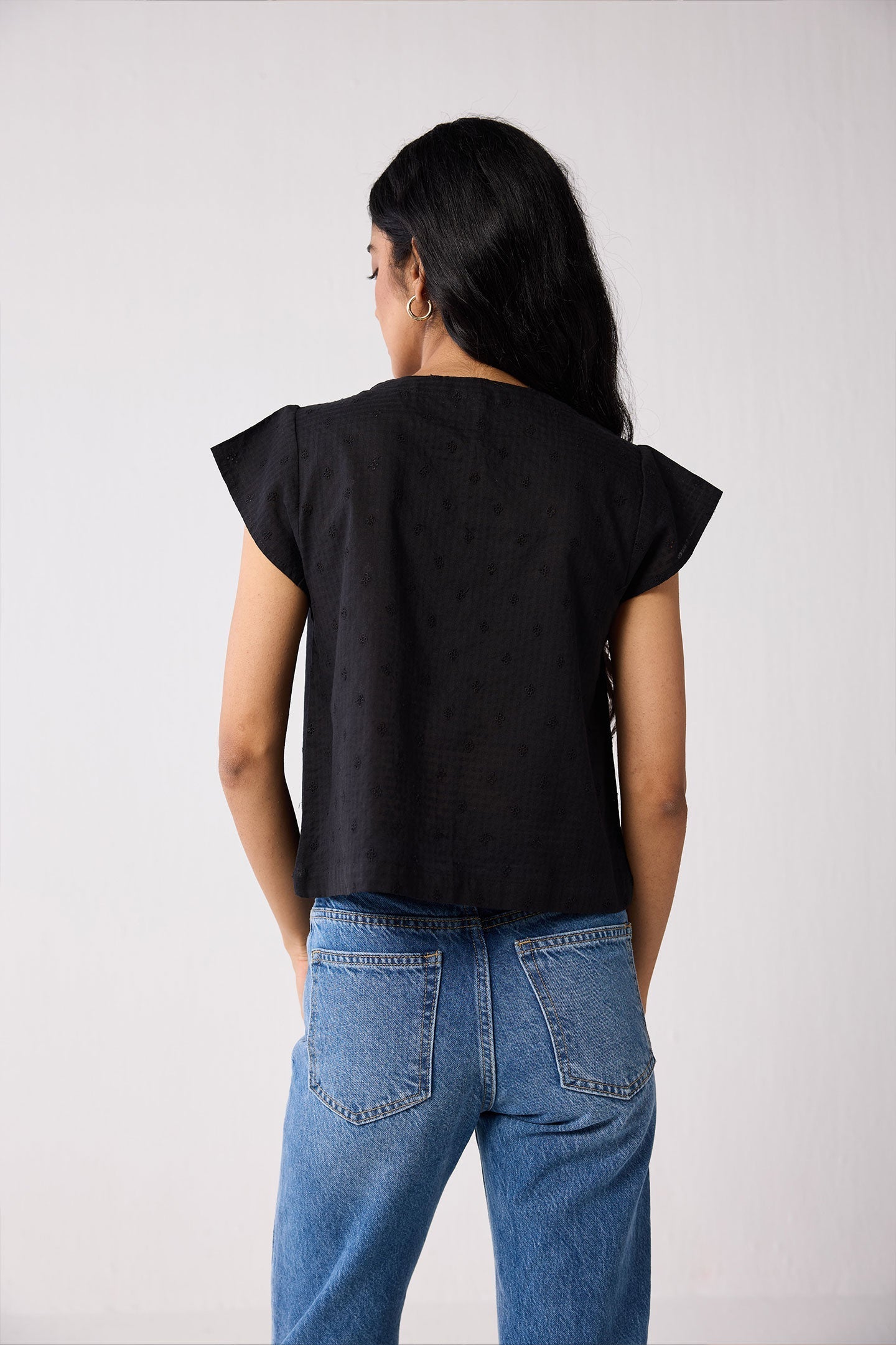 V-Neck Embroidered Top with Front Buttons in Black