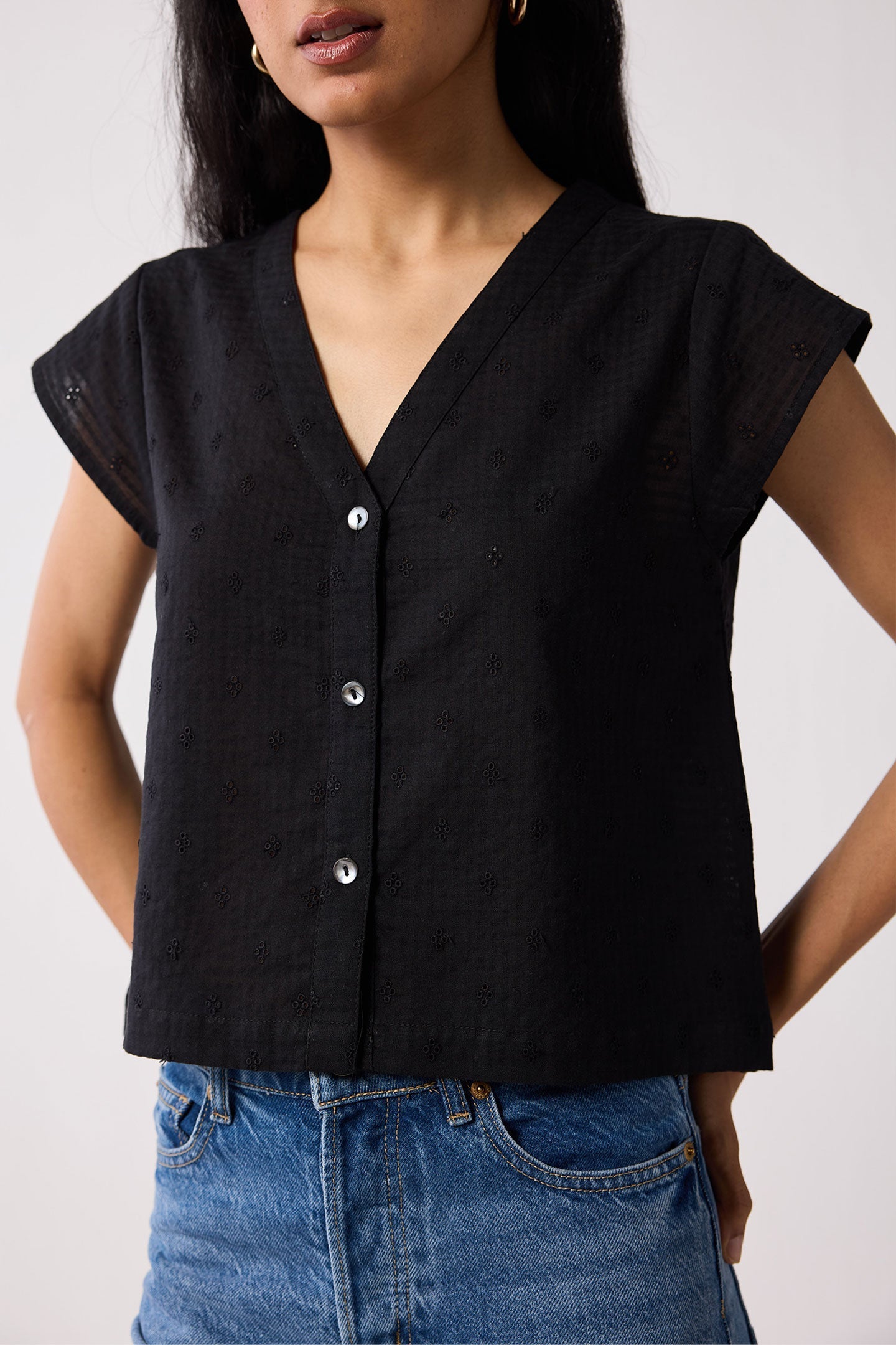 V-Neck Embroidered Top with Front Buttons in Black