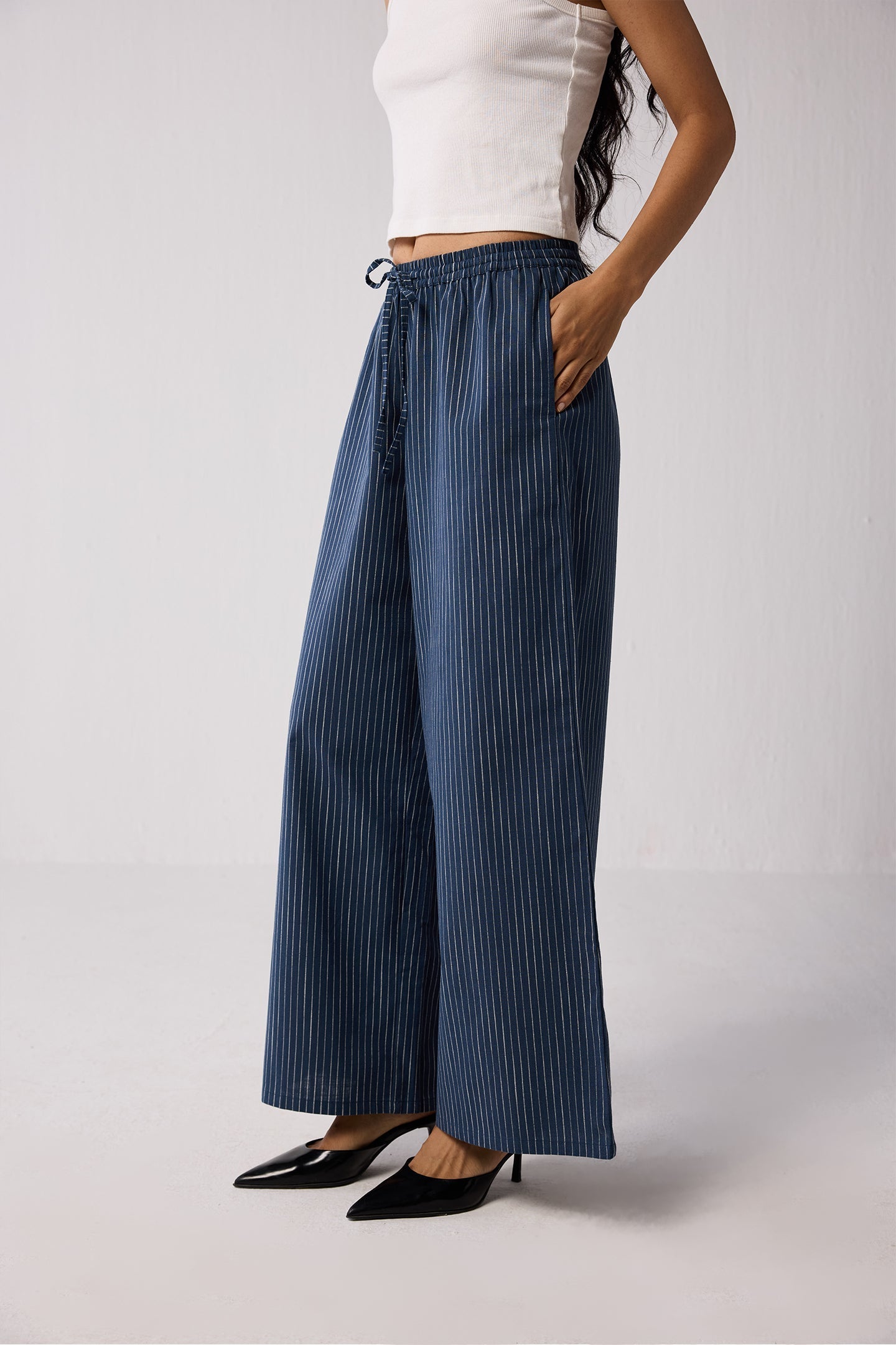 Wide-leg Drawstring Pants with Navy and White Stripes in Blue